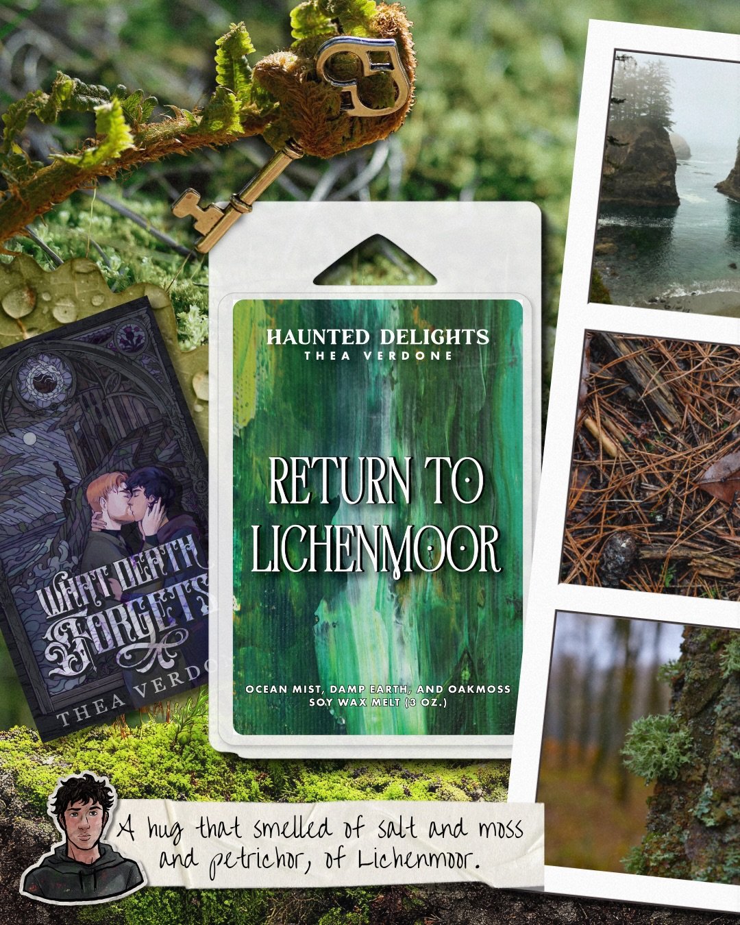 🌊🏰HAPPY @haunteddelights 
WAX MELT DROP DAY!! 
shop at haunteddelights.com

Come to Lichenmoor, a wax melt inspired by the atmospheric setting from What Death Forgets, goes on sale at 12 pm PT today (3/27)

With notes of ocean mist, oak moss, damp 