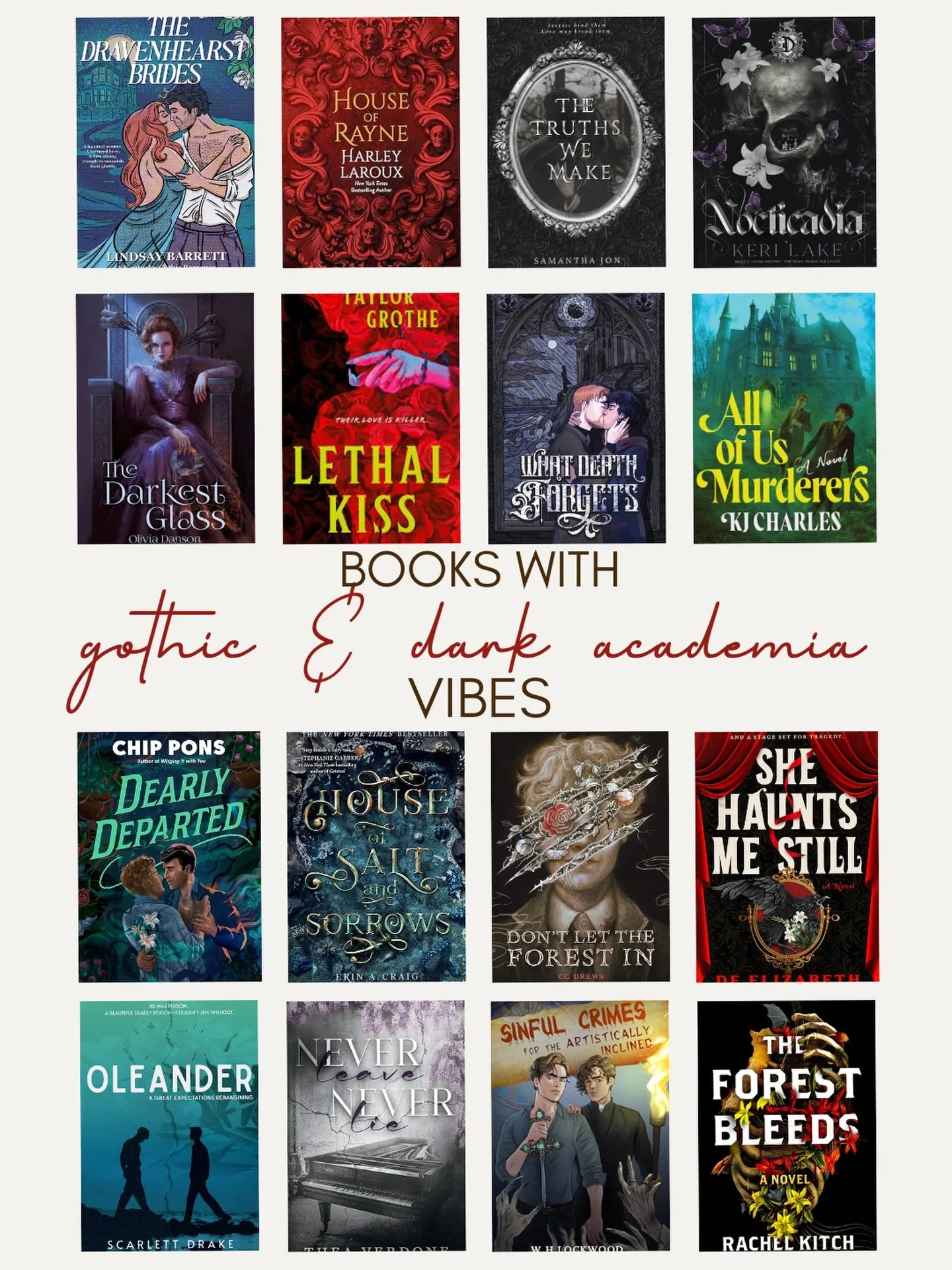 👻Books with Gothic and Dark Academia Vibes
Disclaimer: Not all are romance

So many of the books on this slide are my favorites, and the rest are on my TBR. I also included my MM modern gothic romances: What Death Forgets and Never Leave, Never Lie.