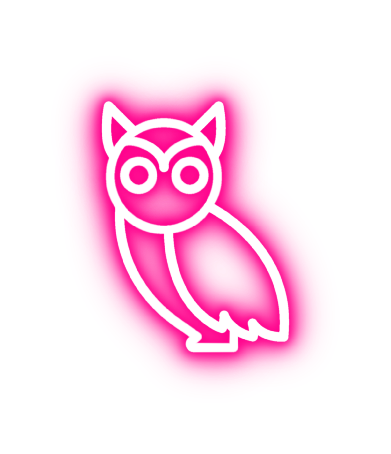En neonillustration av en uggla med ett rosa hjärta bakgrund.