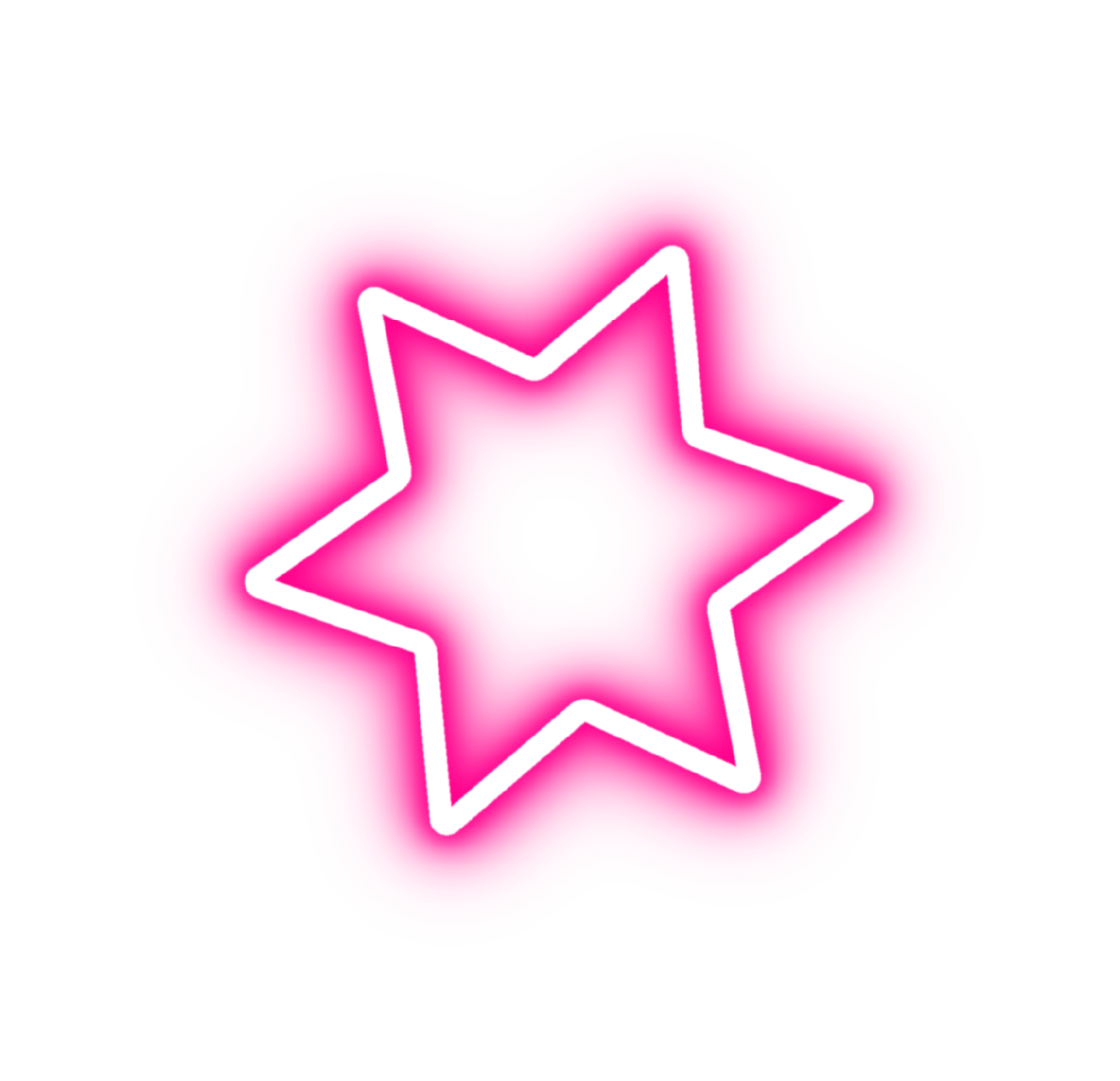Neonljus i form av en rosa stjärna med en cirkel i mitten, omgiven av ett rosa sken, på svart bakgrund.