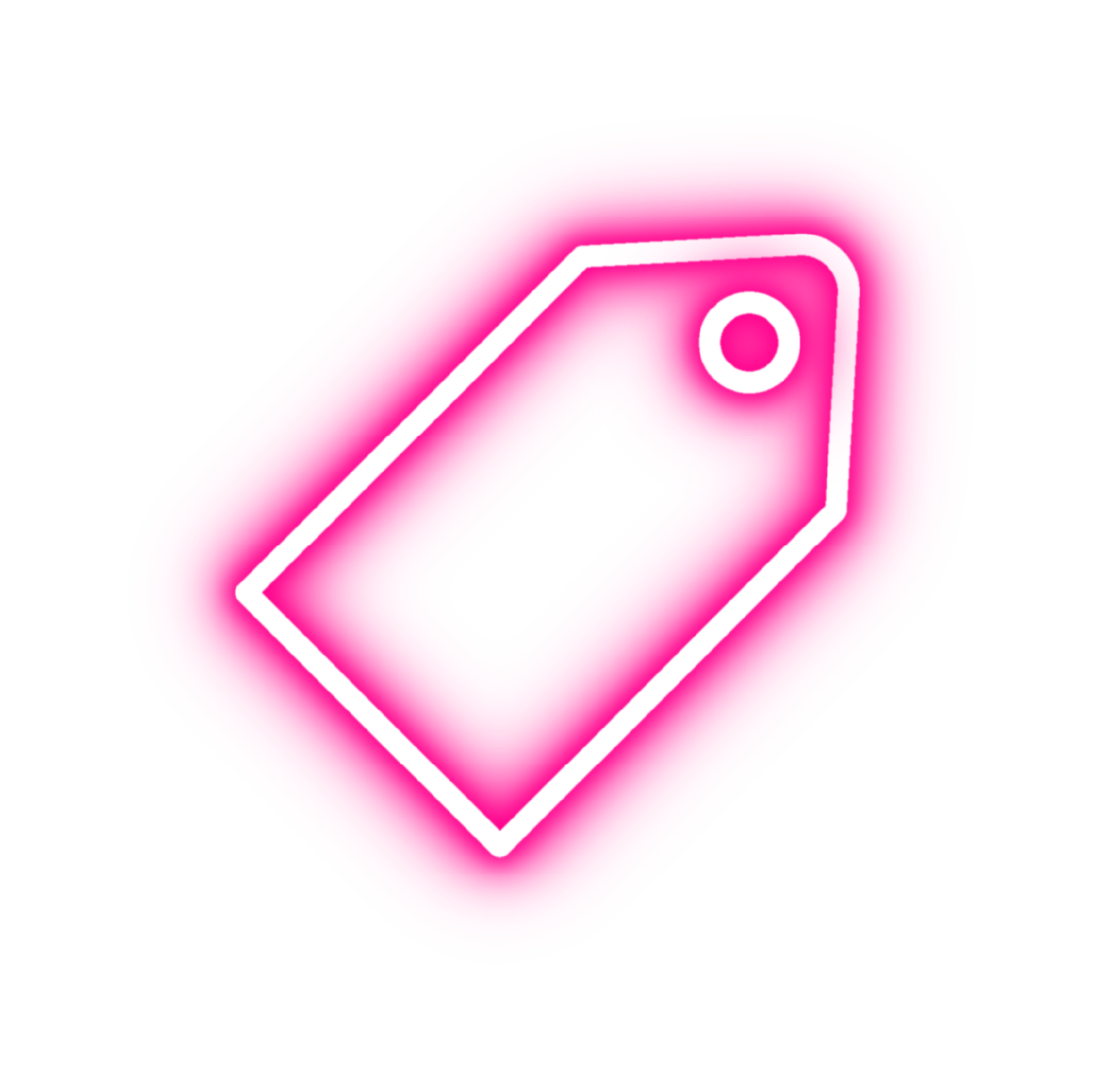 En neonbild av ett rosa prisskylt-ikon med vit outline på en rosa och svart bakgrund.