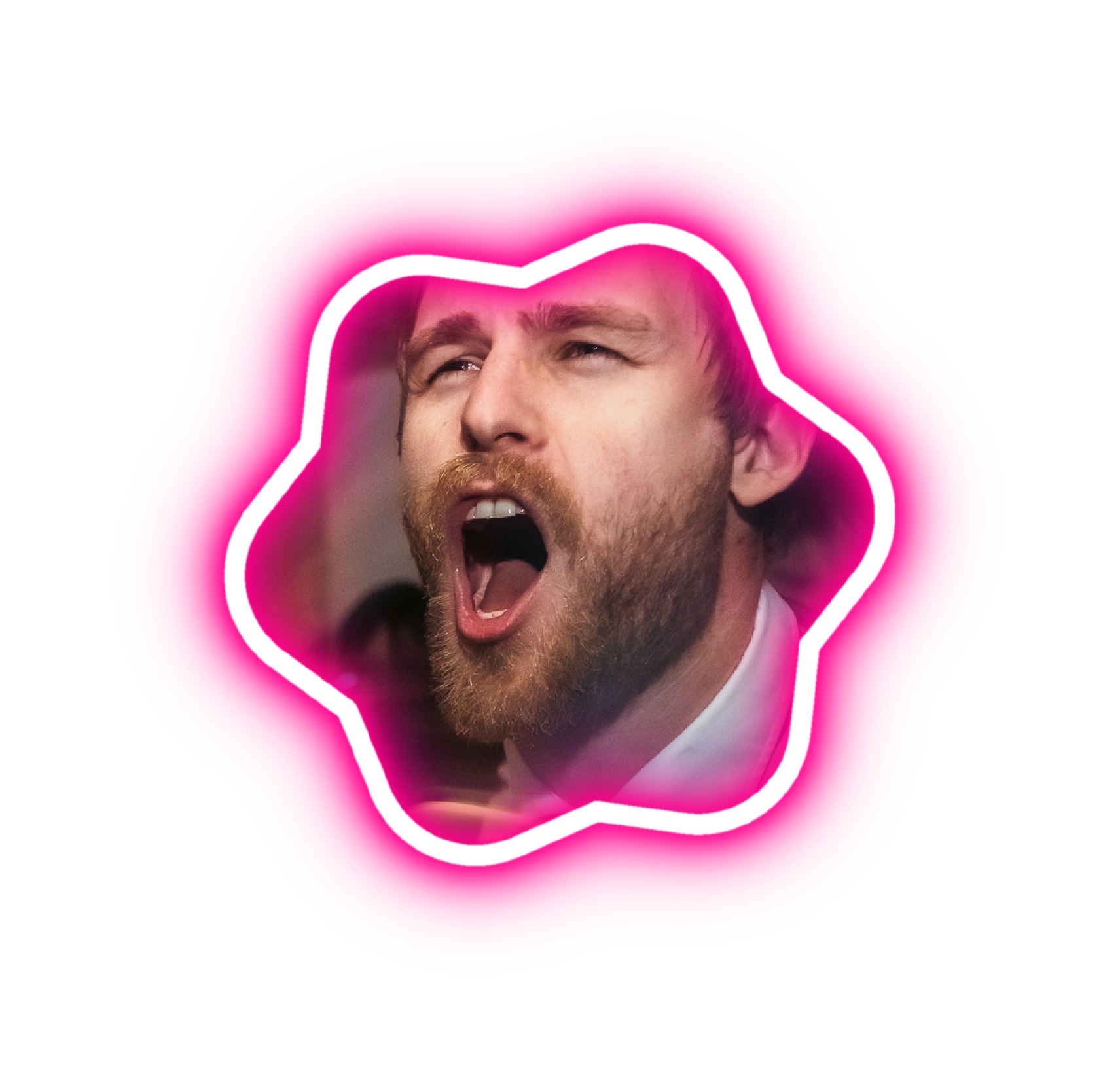 Närbild av en man med öppen mun som ser ut att skratta eller tala, framhävning av hans ansikte med neonlinje och rosa bakgrund.
