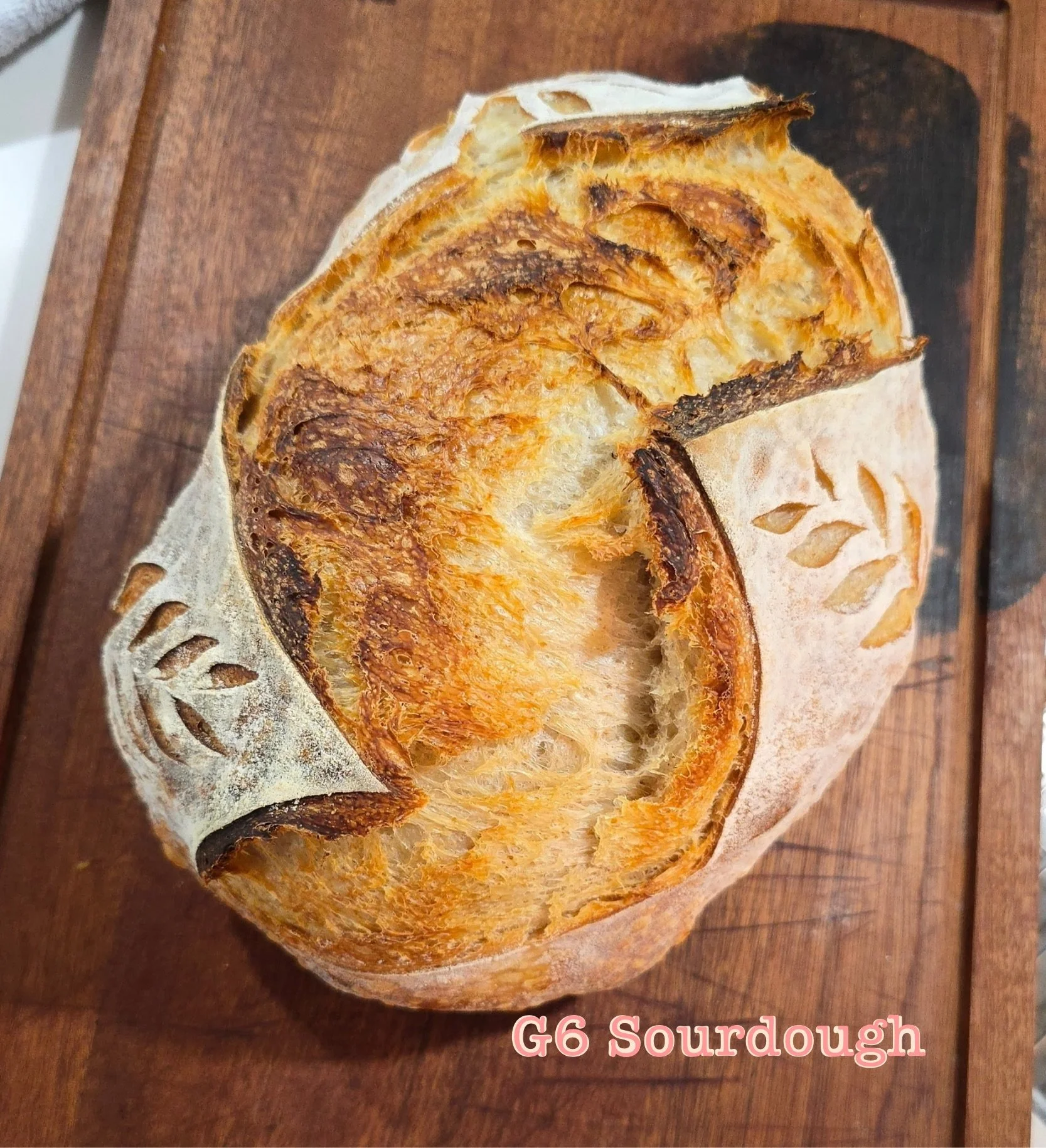 A beautiful golden brown sourdough loaf with wheat stalks on both sides, accented by rice flour to highlight the score, design, and ear from the golden interior. This loaf has been lovingly placed on a wooden cutting board.