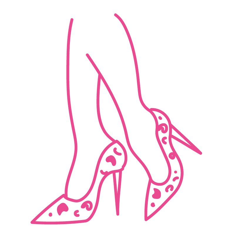 Rosa spetsiga högklackade skor med stiletthäl och petto, illustrerade i en minimalistisk grafisk stil.