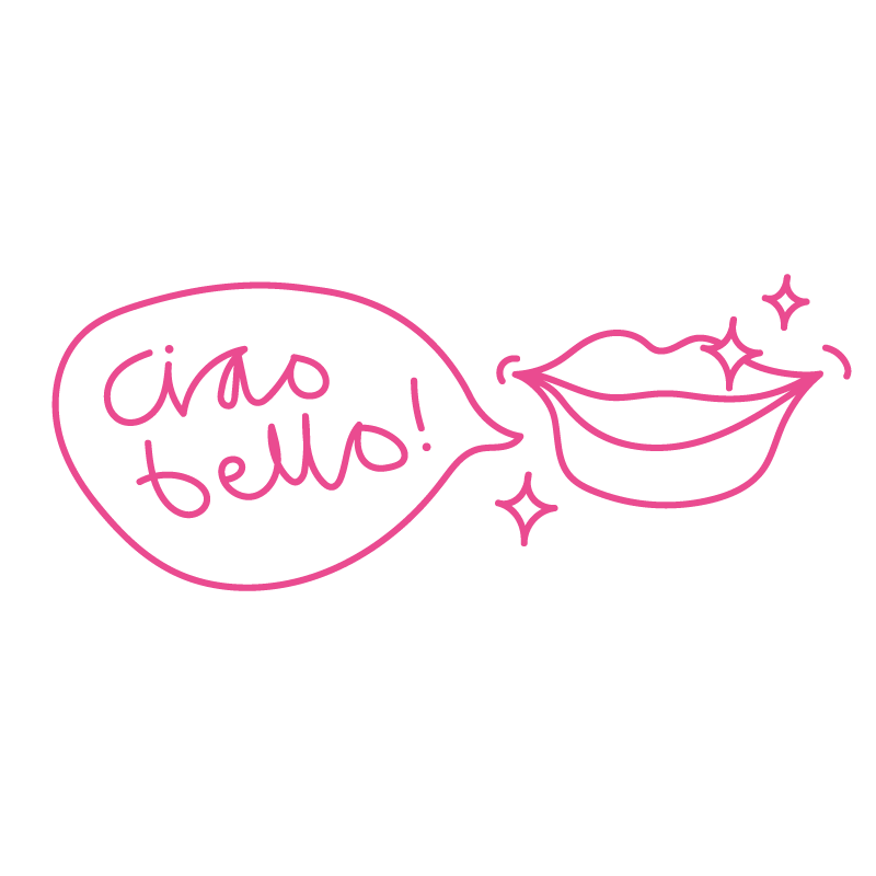 En neonritad teckning av rosa läppar och en pratbubbla med texten 'aro bello!'.