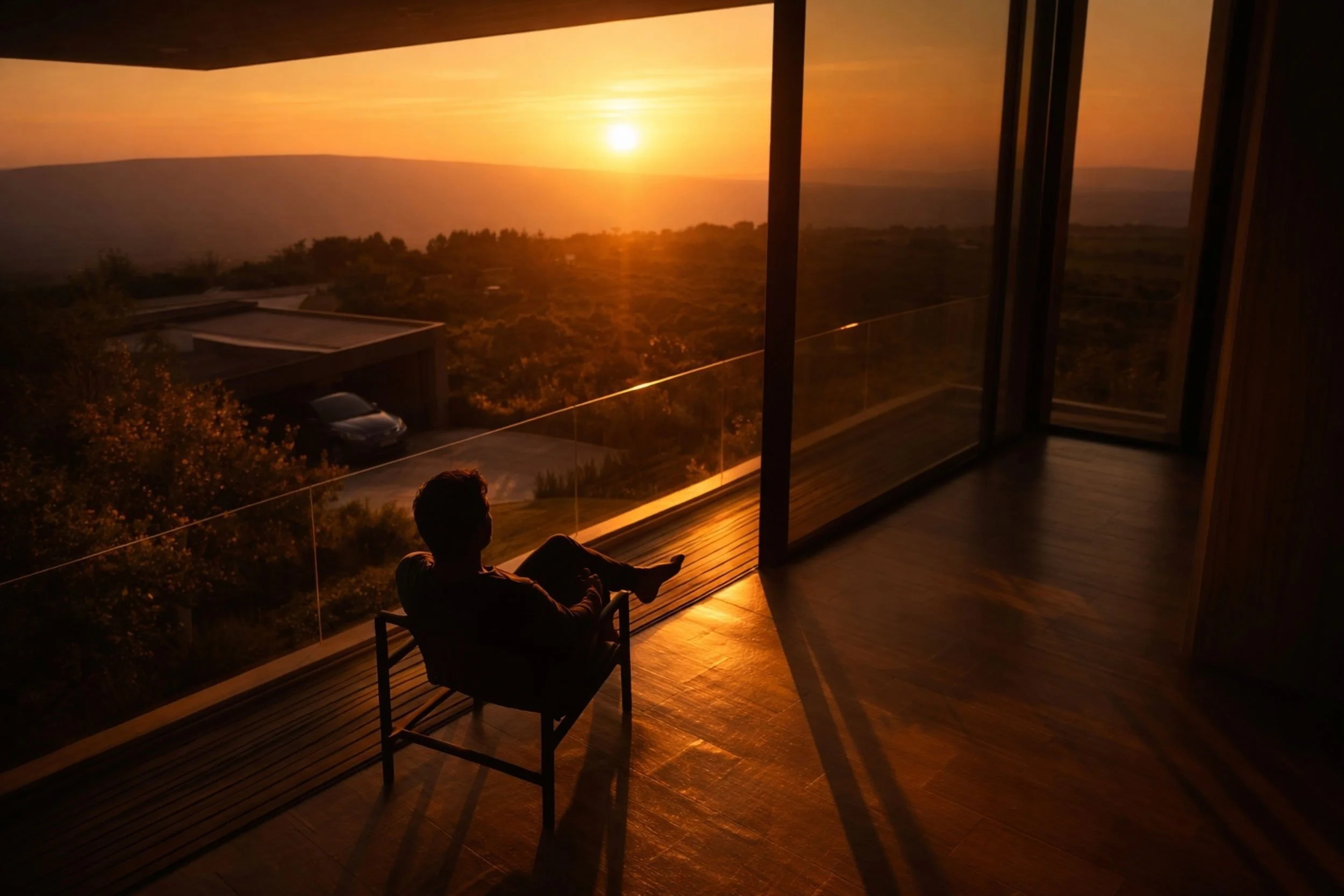 Person sitting on a chair inside a room, looking at a sunset through large glass windows with a view of hills and trees outside.