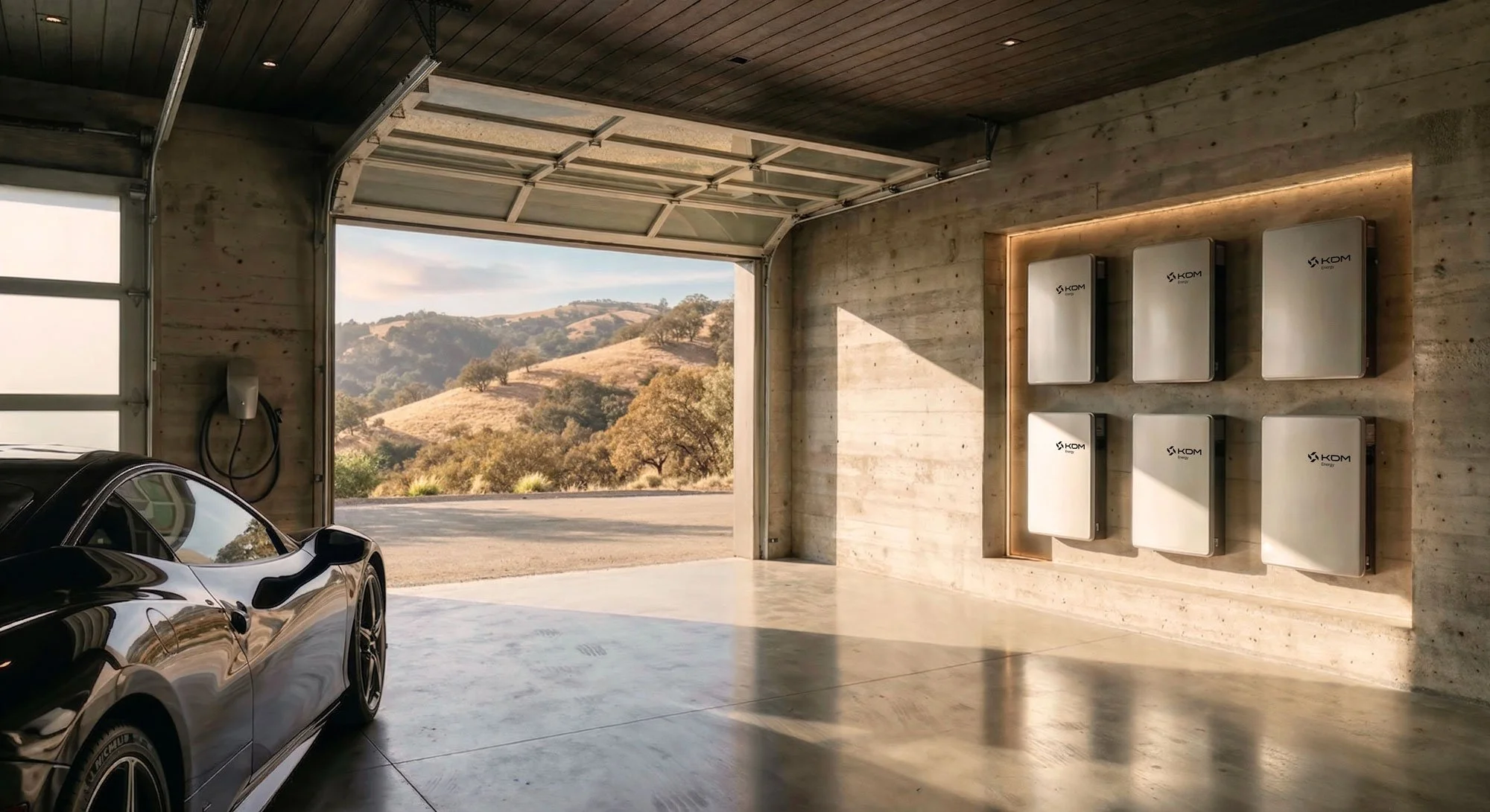 Electric vehicle charging garage with a black sports car and 60 kilowatts of battery storage on the wall.