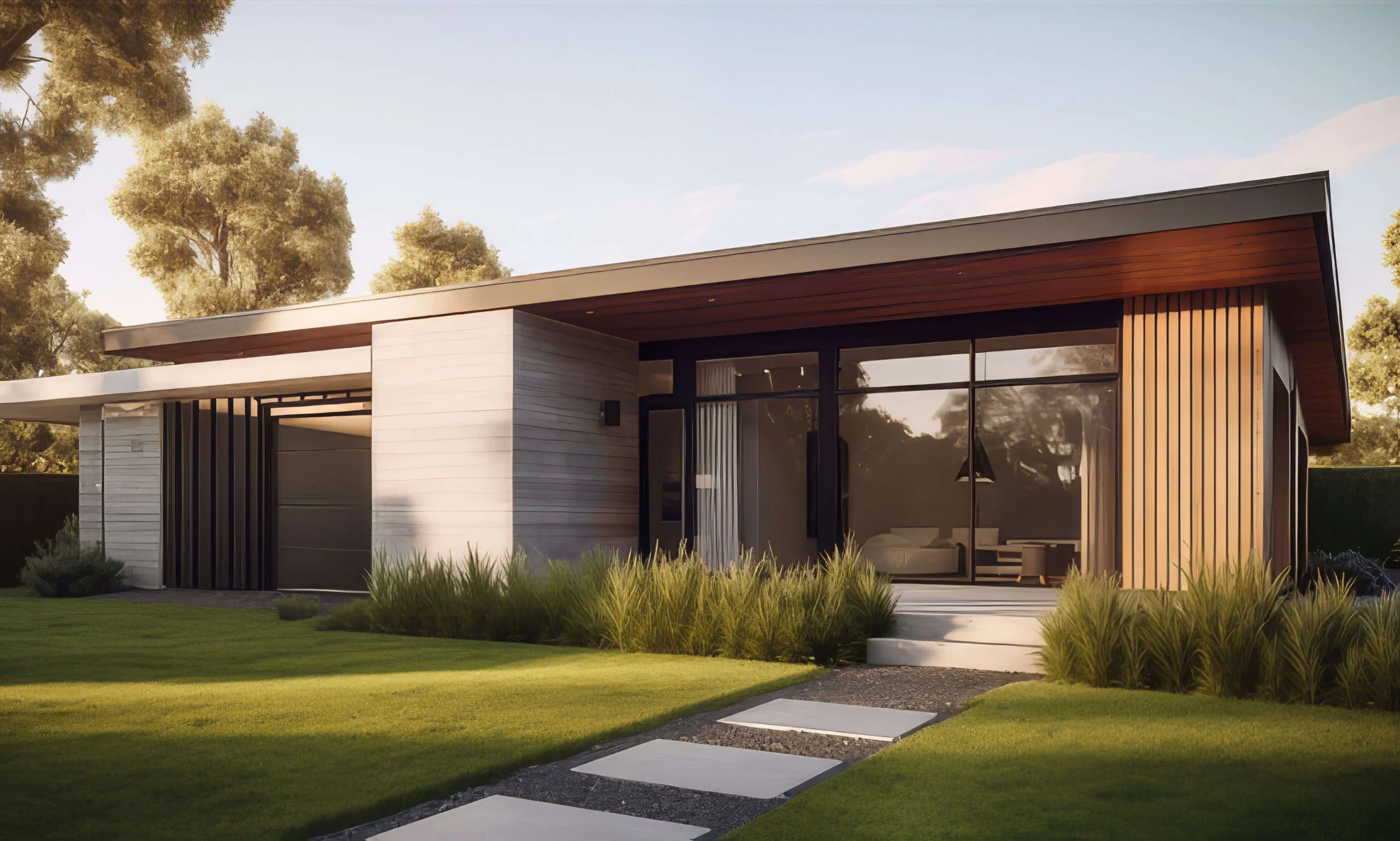 Modern single-story Silicon Valley, California house with large glass sliding doors, surrounded by a well-maintained lawn and landscaping.