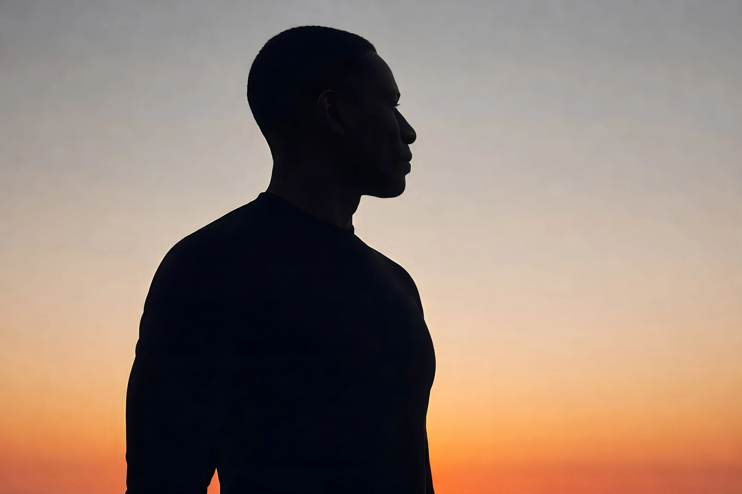 Silhouette of a person with short hair standing against a sunset sky.