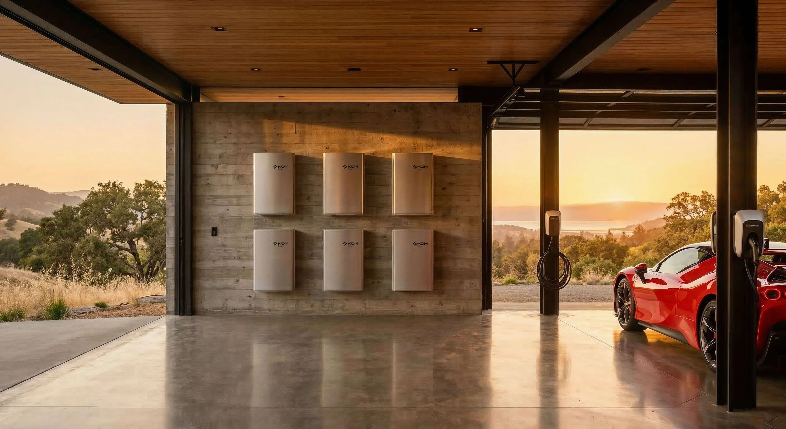 Custom garage complete with 60 kilowatt hours of battery storage, an electric car charging station with a red sports car, against a scenic landscape during sunset.