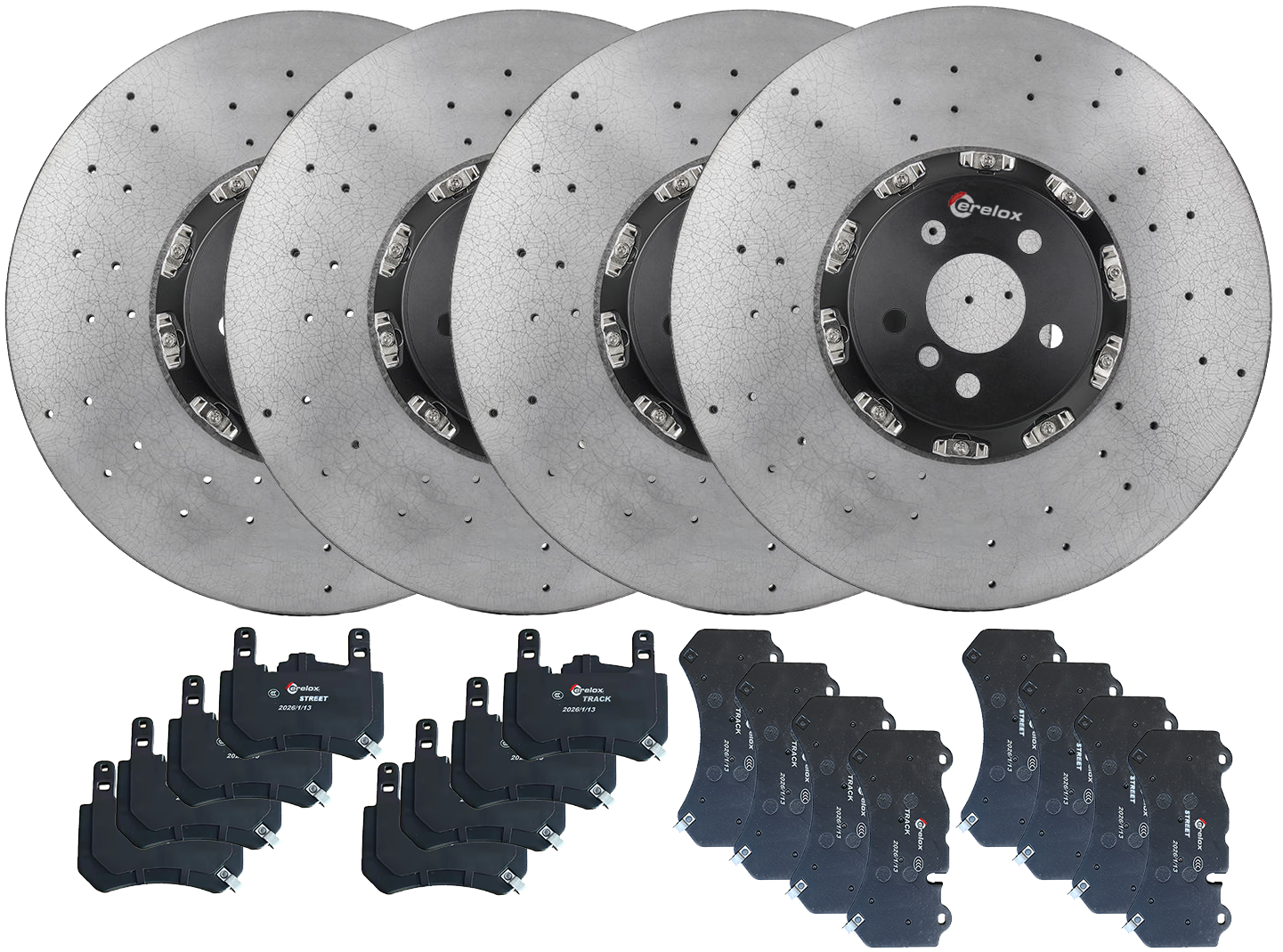 Set of carbon ceramic rotors front and rear with front and rear brake pads for the STREET and TRACK for a Chevrolet corvette C8 Z06