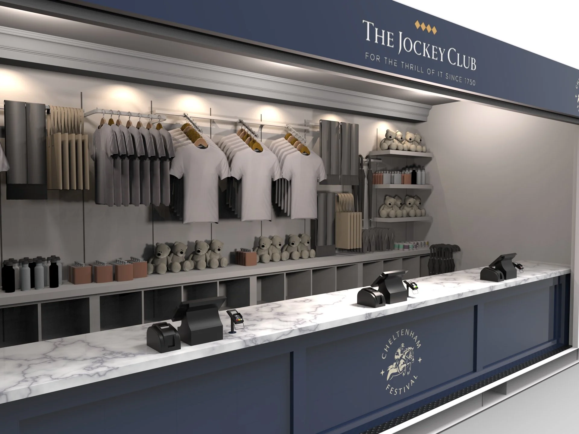 Interior of a merchandise store, featuring white T-shirts on hangers, plush teddy bears, and various branded items displayed on shelves behind a white marble counter with three cash registers.