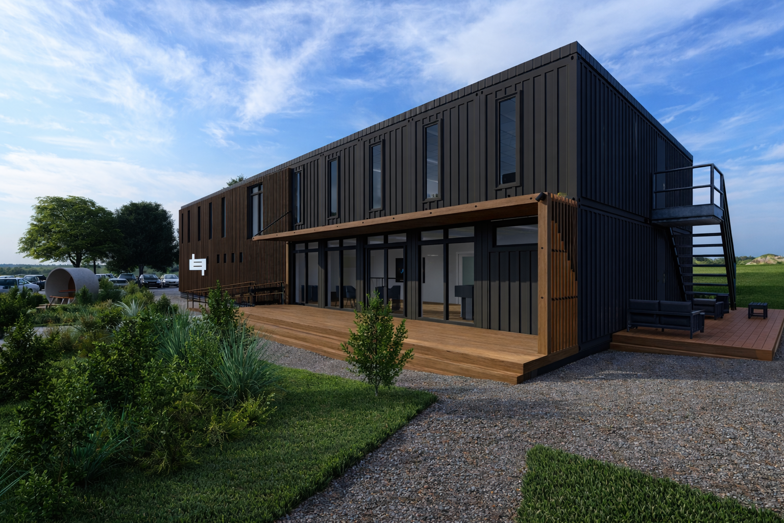 Modern two-story black building with outdoor wooden deck and staircase, surrounded by greenery and parking lot under a blue sky.