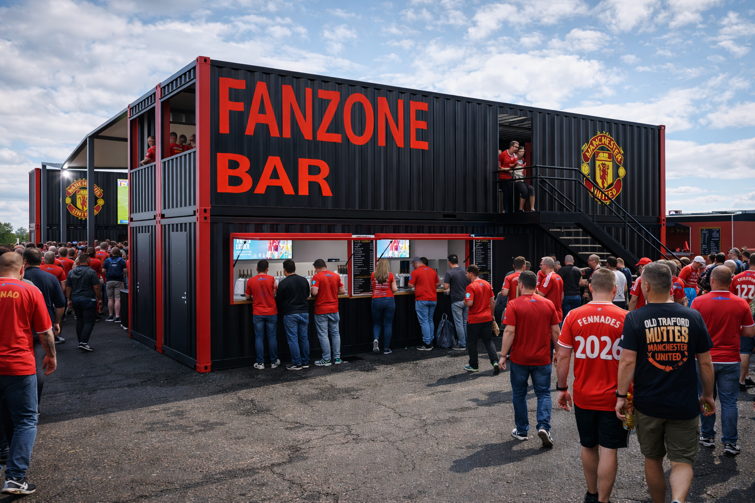 Crowd of soccer fans at Manchester United Fanzone Bar with black shipping container-style structure, red signage, and people watching screens and ordering drinks.