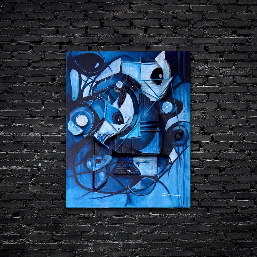 Abstract blue-toned painting with geometric shapes, circles, and lines, displayed on a black brick wall.