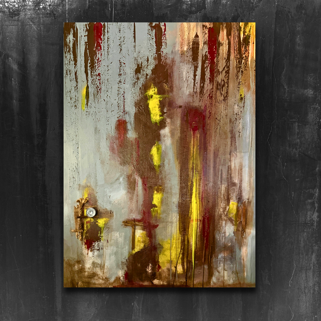 Abstract painting with blue, yellow, white, red, and brown brushstrokes on canvas mounted on a black textured wall.