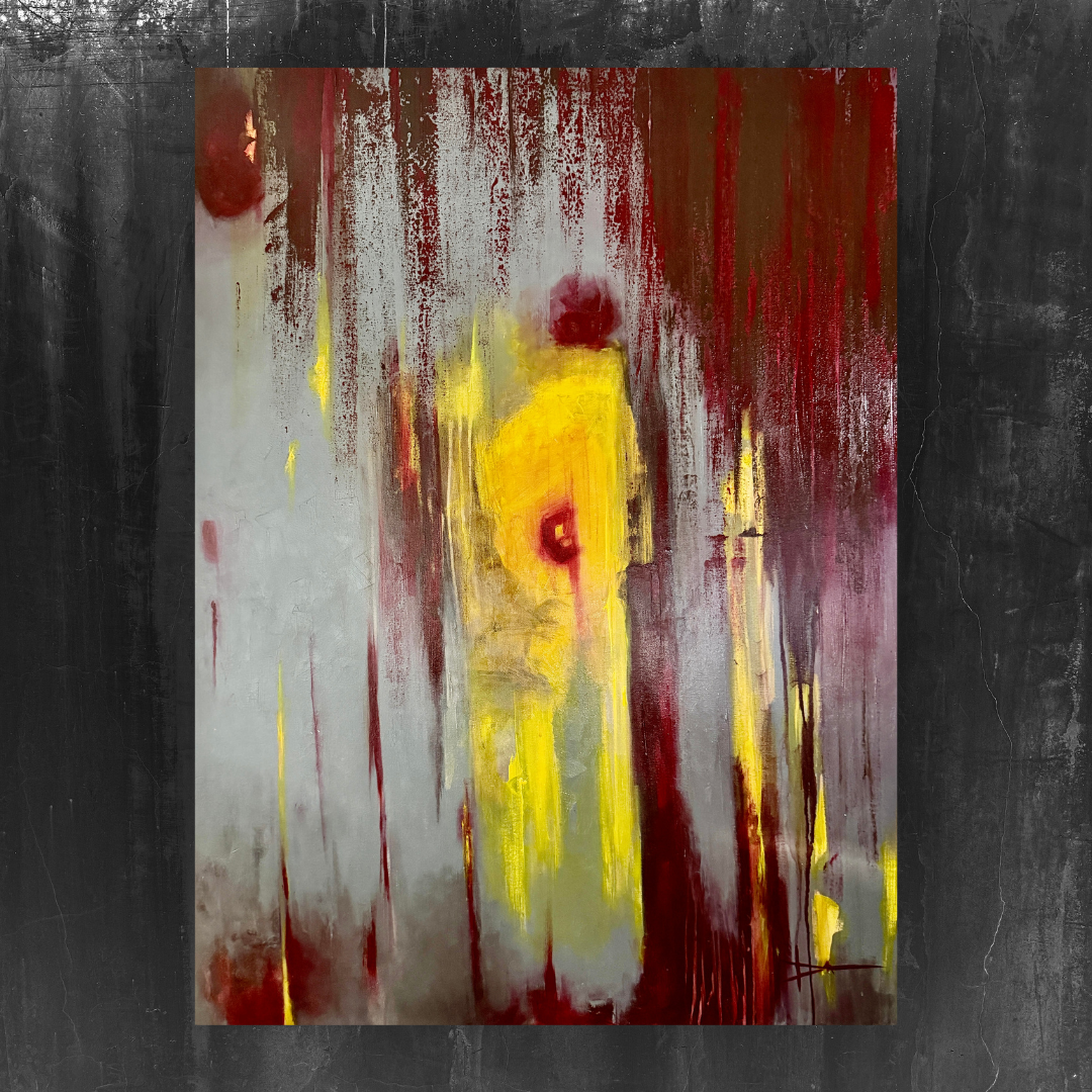 Abstract painting with vertical streaks of red, yellow, and purple on a textured surface.
