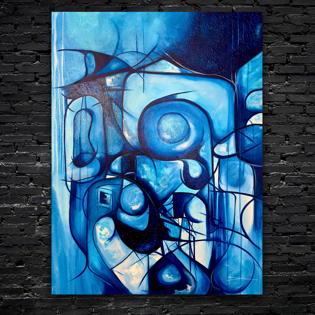 An abstract painting with various shades of blue, black lines, and circular shapes arranged in a dynamic composition, mounted on a black brick wall.