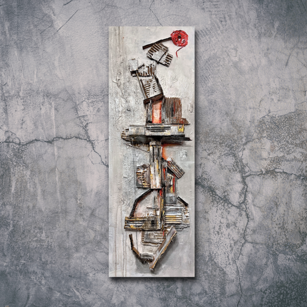 Abstract mixed media artwork on a vertical canvas with textured grey background, featuring three-dimensional, layered wooden and metal pieces in earthy tones with hints of red and yellow.