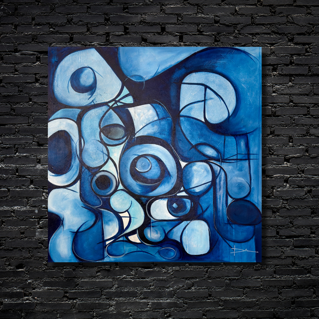 Abstract painting with various shades of blue and black circular shapes against a dark brick wall background.