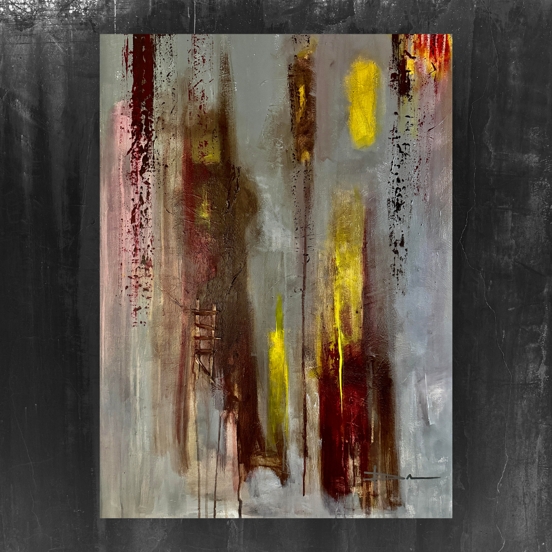 Abstract painting with dark brown, yellow, pink, and blue strokes on canvas.