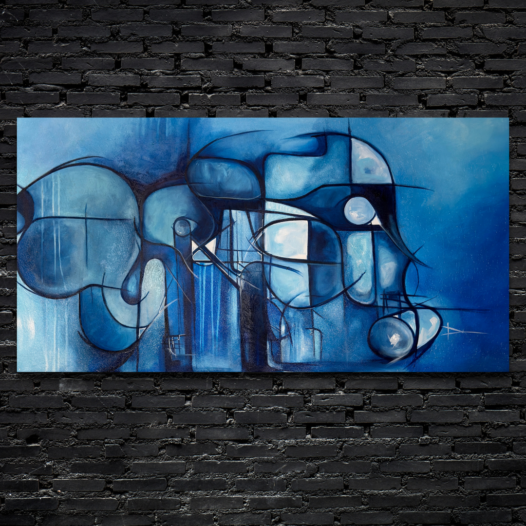 An abstract blue painting on a black brick wall, featuring various shapes and lines in shades of blue and black.