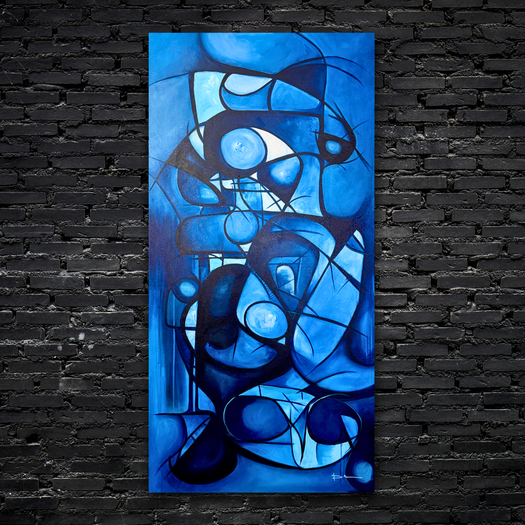 Abstract blue painting with various curved and intersecting black lines on a vertical canvas, displayed against a dark brick wall.