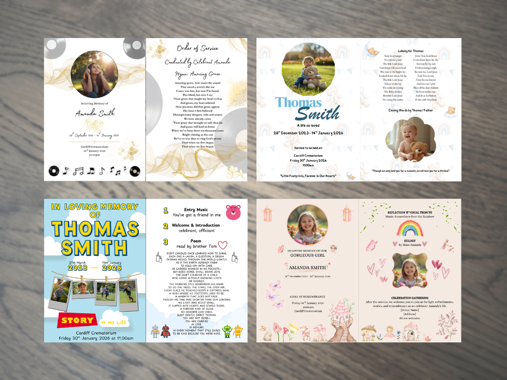 A photo of 4 examples of Order of Services for funerals