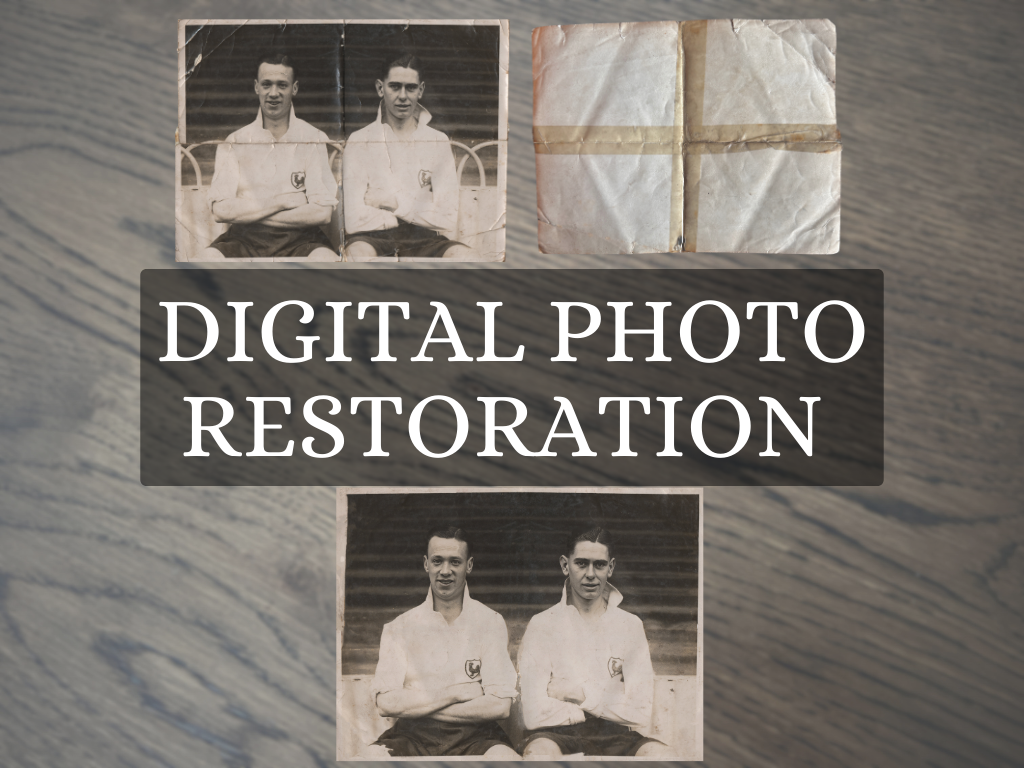 A photo of a very old and deteriorated photograph and the digitised and restored digital photo.