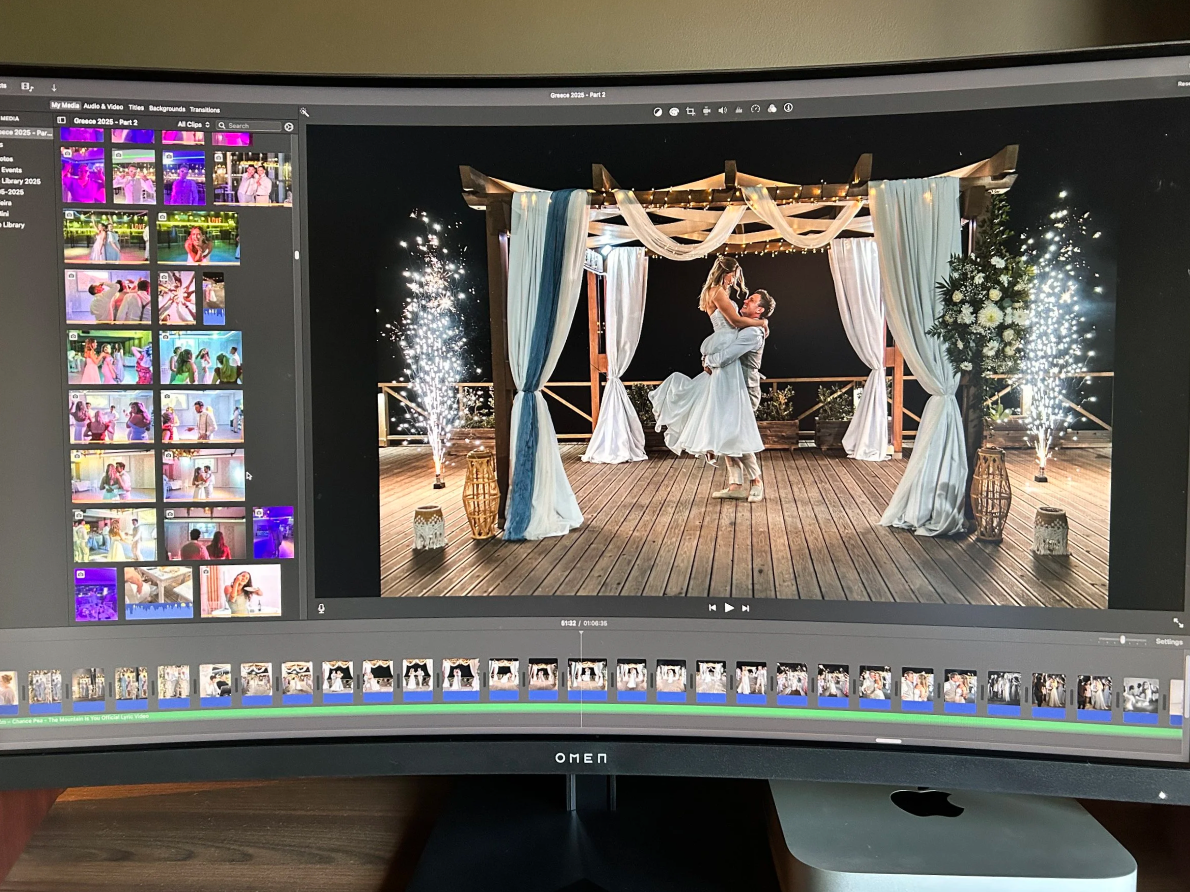A photo of a computer screen showing the editing process of a photo slideshow or tribute video