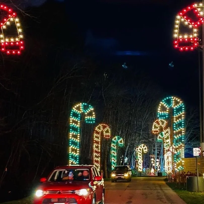 Night scene with illuminated candy cane-shaped lights in different colors along a street, with cars driving past.