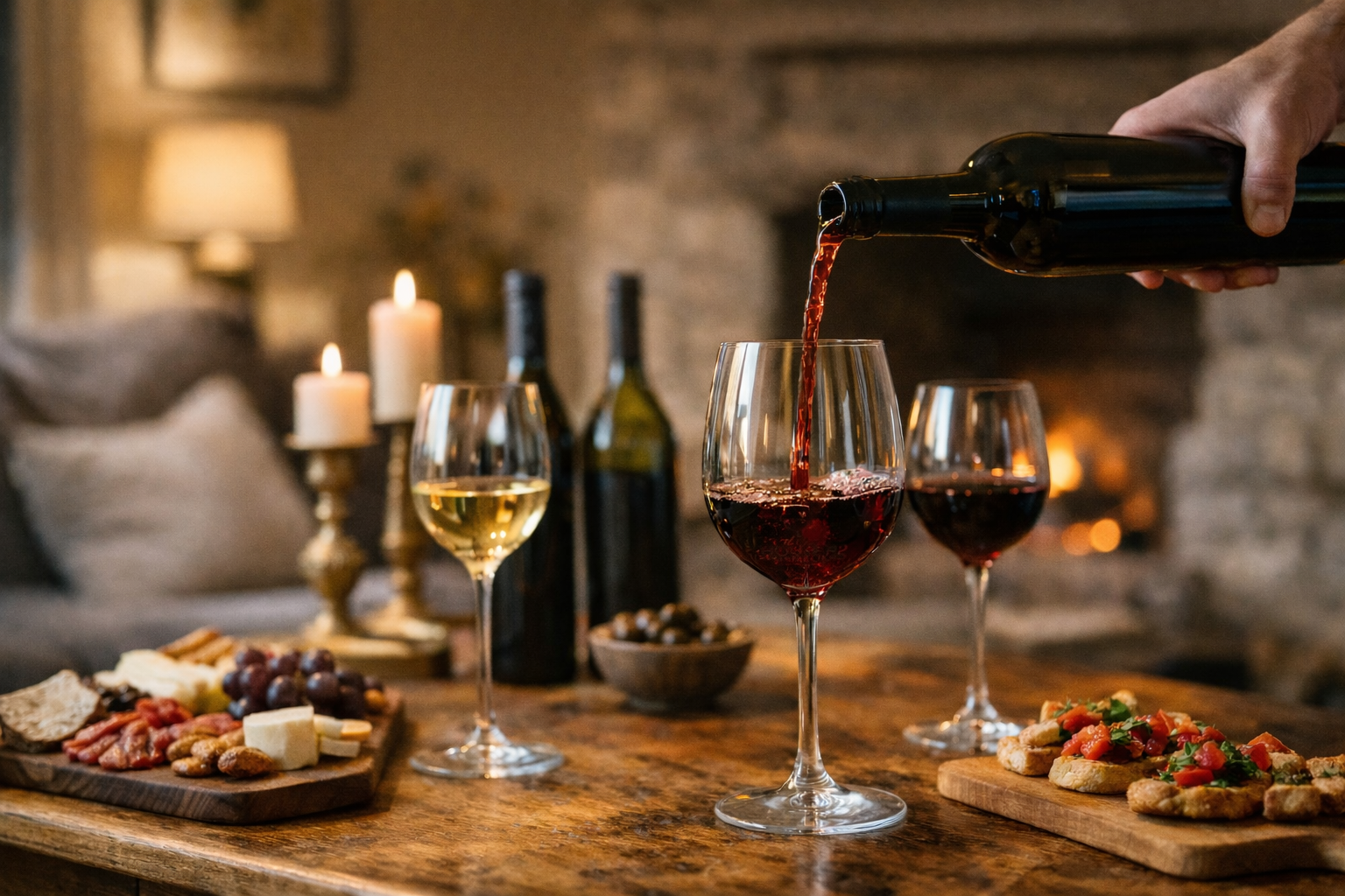 Wine being decanted at an exclusive house sommelier wine tasting event in a luxury cottage holiday destination
