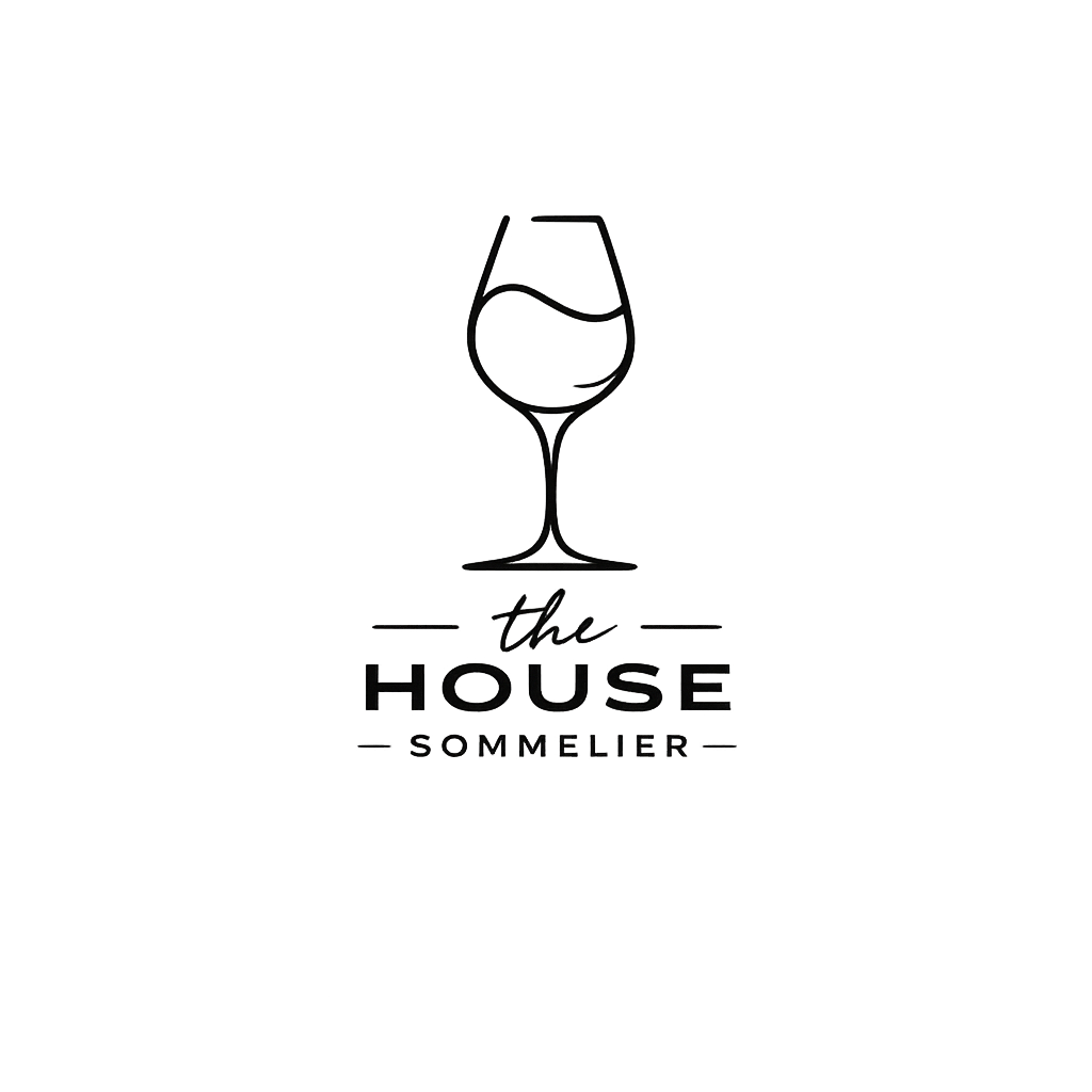 A logo featuring a wine glass outline with liquid inside, and the words "the house sommelier" beneath it.