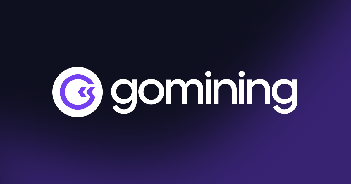 Gomining logo with a circular icon featuring two arrows and the word 'gomining' on a purple gradient background.