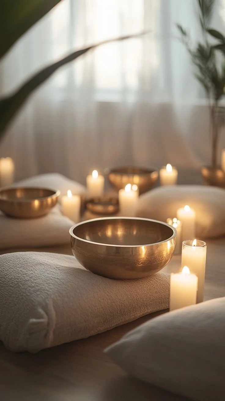 A relaxing scene with metal singing bowls and lit candles on a bed with white pillows and soft natural light filtering through a window.