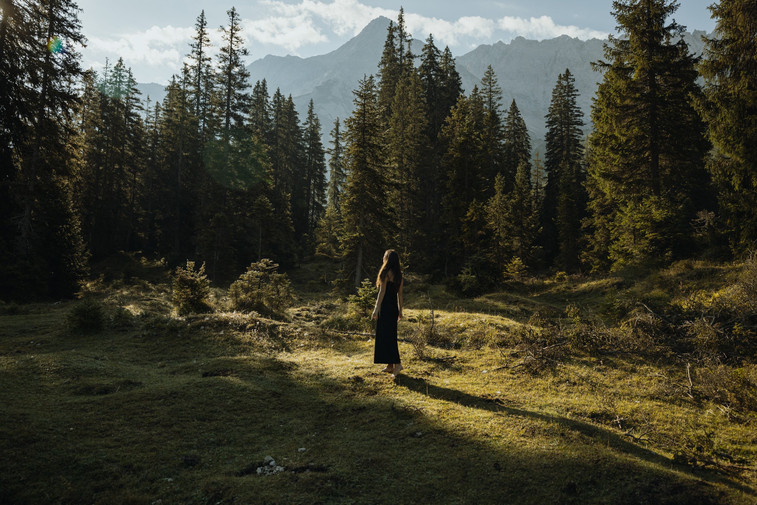 A woman in a black dress standing on a grassy clearing in a forest with tall trees, mountains in the background, and sunlight filtering through the trees.