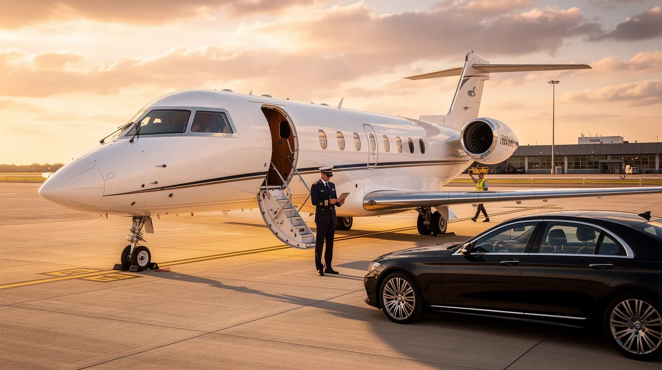 Luxury private jet on airport tarmac with pilot in uniform using a tablet and a black luxury car nearby, during sunset.