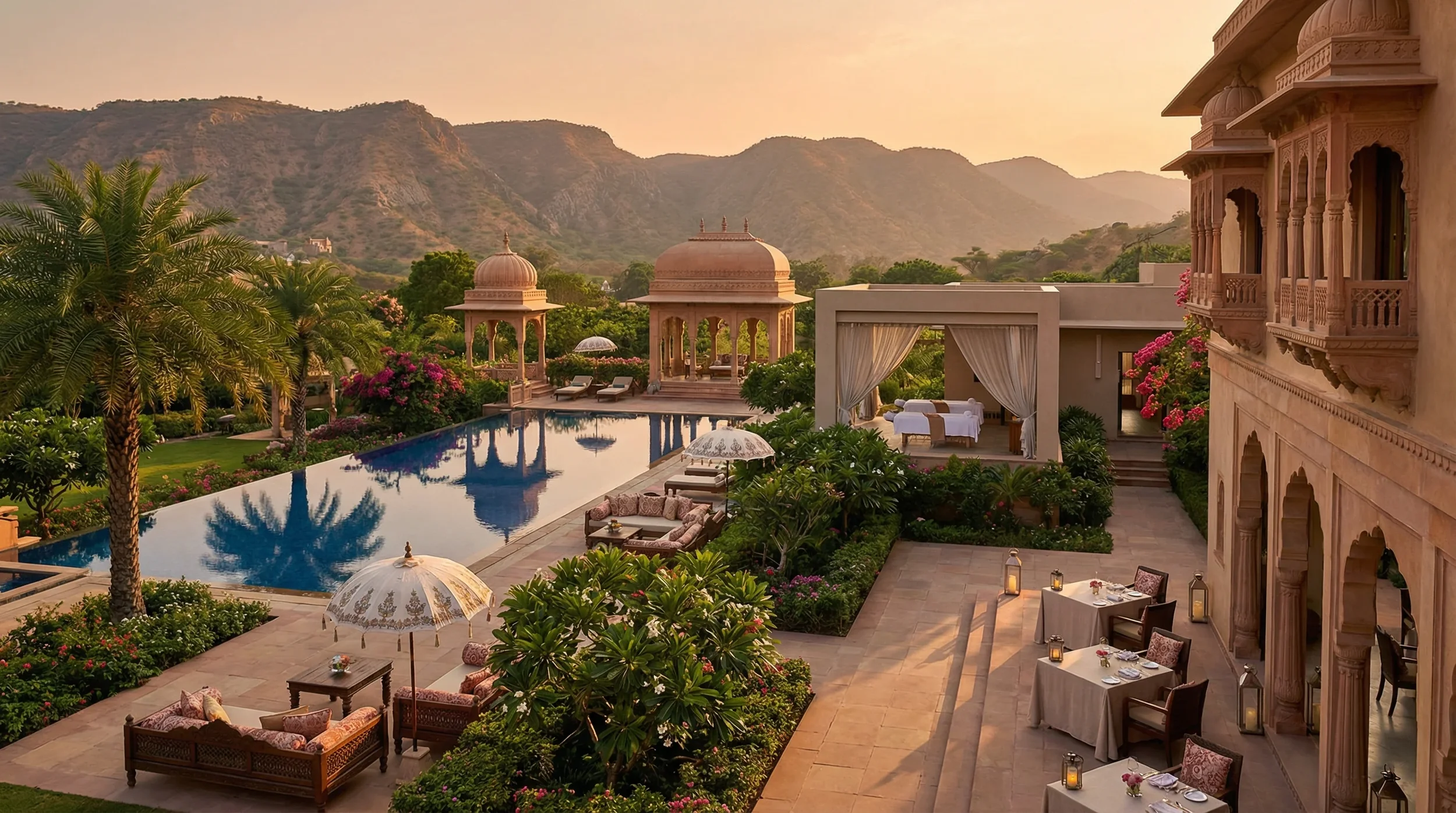 Luxury outdoor hotel terrace with pool, outdoor seating, lush greenery, mountains in the background, and warm sunset lighting.