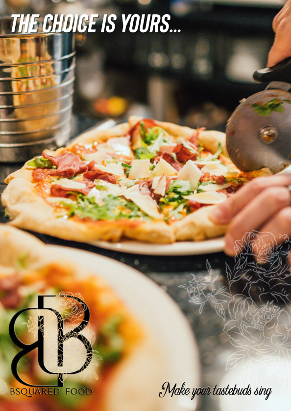 A person is slicing a freshly baked pizza with toppings including cheese, lettuce, ham, and other vegetables. The text on the image says, 'The choice is yours...' and 'Make your tastebuds sing.'