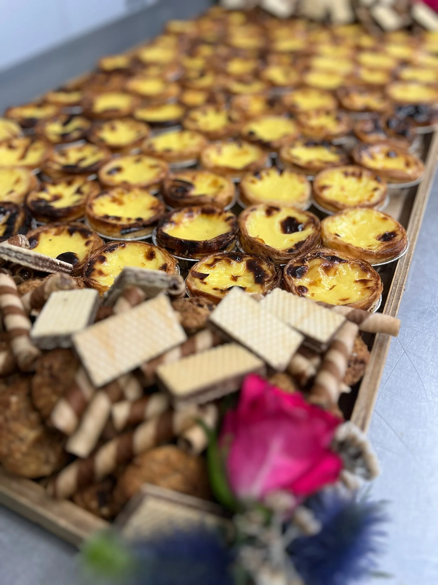 Assorted miniature desserts including egg tarts with yellow custard filling, topped with caramelized sugar and chocolate, paired with decorative chocolate wafers, cookies, and a pink flower in the foreground.