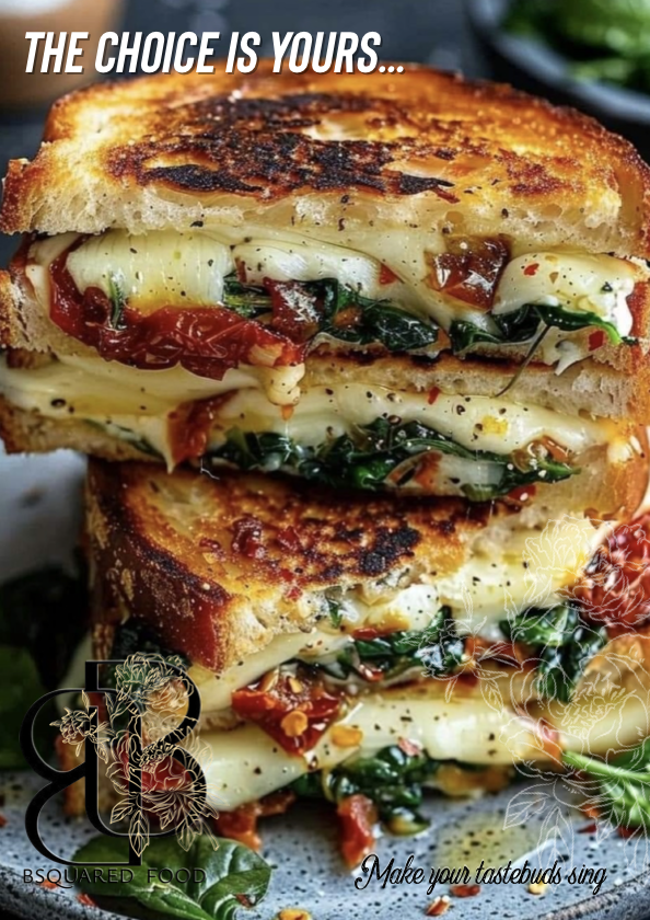 Close-up of a toasted sandwich with melted cheese, spinach, sun-dried tomatoes, and herbs, with text overlay saying 'The choice is yours... Make your taste buds sing'.