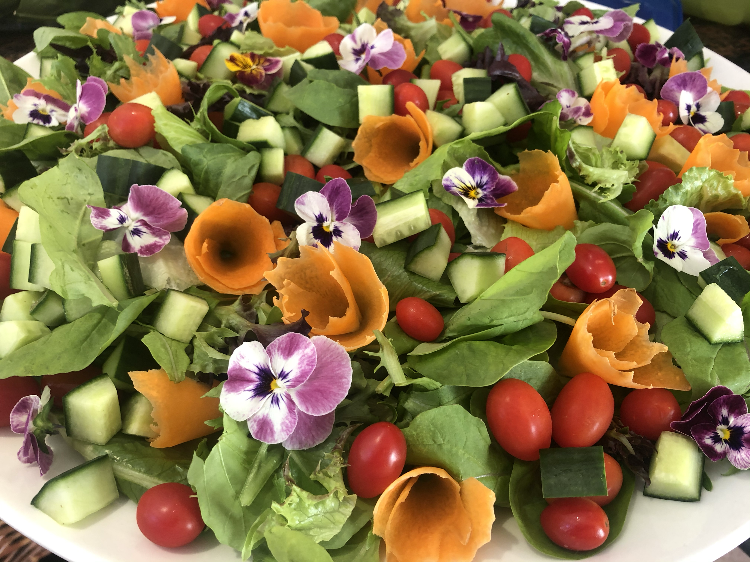 A colorful mixed salad with cherry tomatoes, cucumber, leafy greens, edible flowers, and cucumber cubes.
