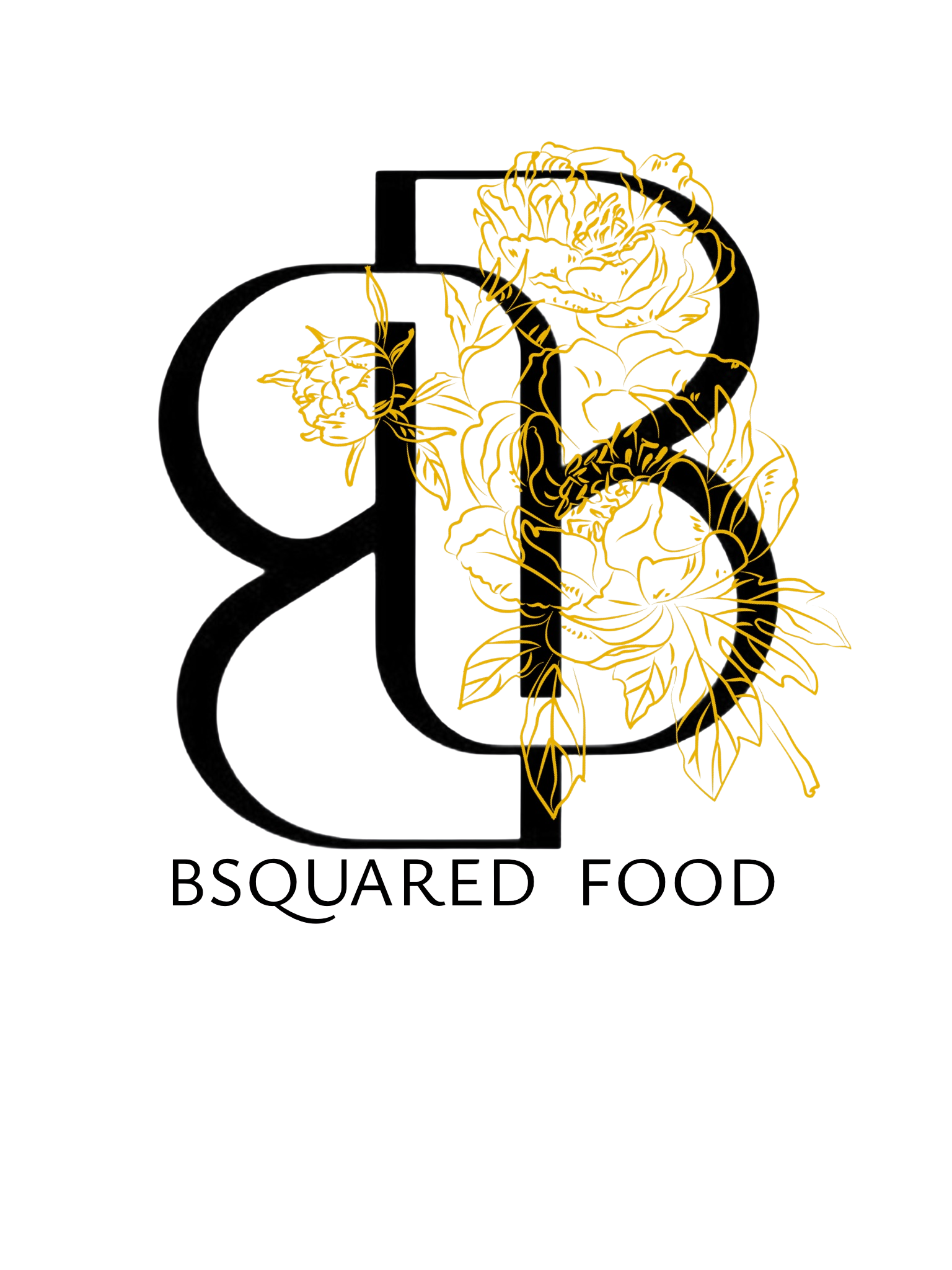 A logo featuring a large black letter 'B' with a golden flower arrangement coiled around it and the words 'Bsquared Food' underneath.