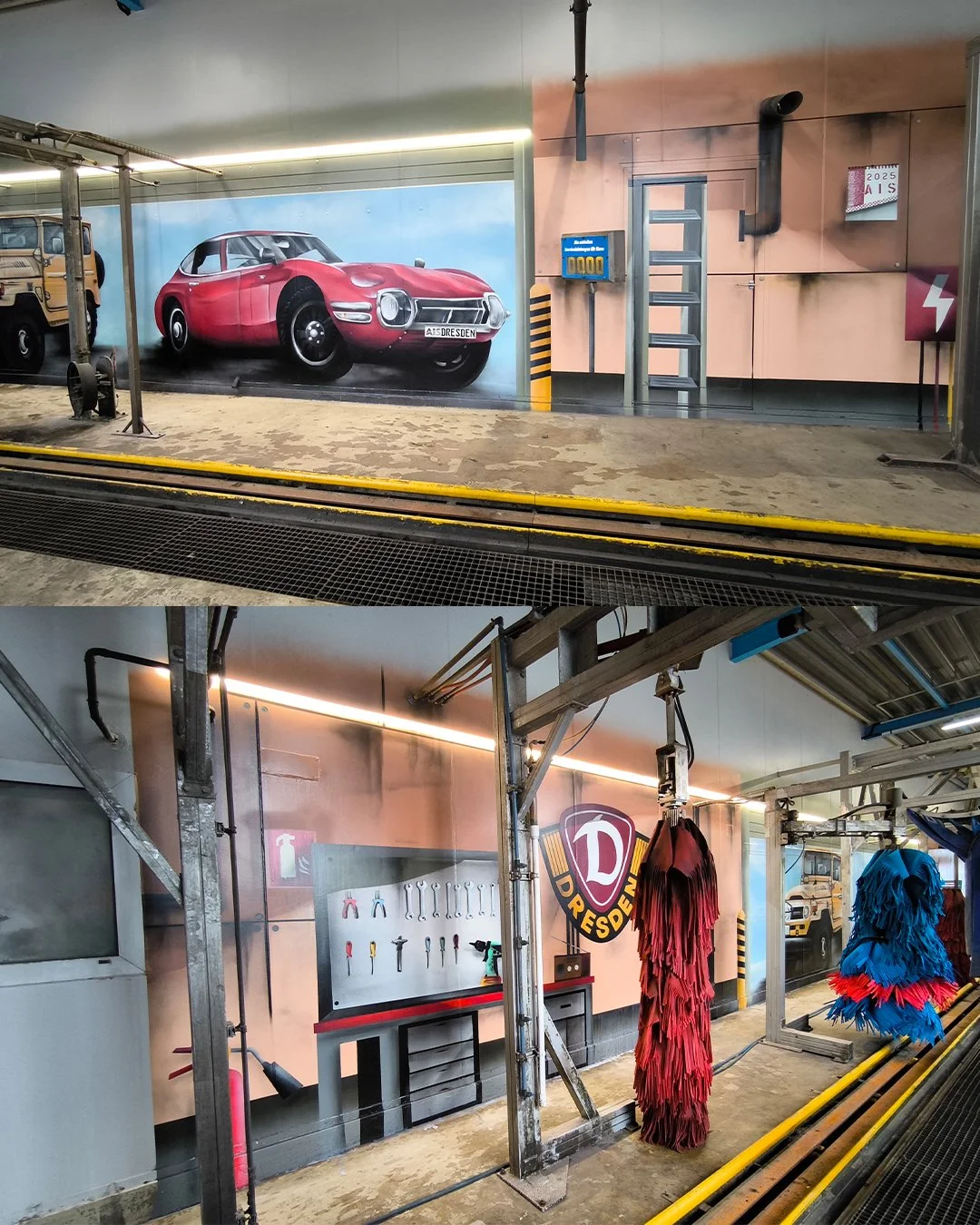 Blick in eine Autowaschanlage mit einem gezeichneten roten Sportwagen auf der Wand im oberen Bereich und Werkzeug- und Reinigungsmaterialien im unteren Bereich