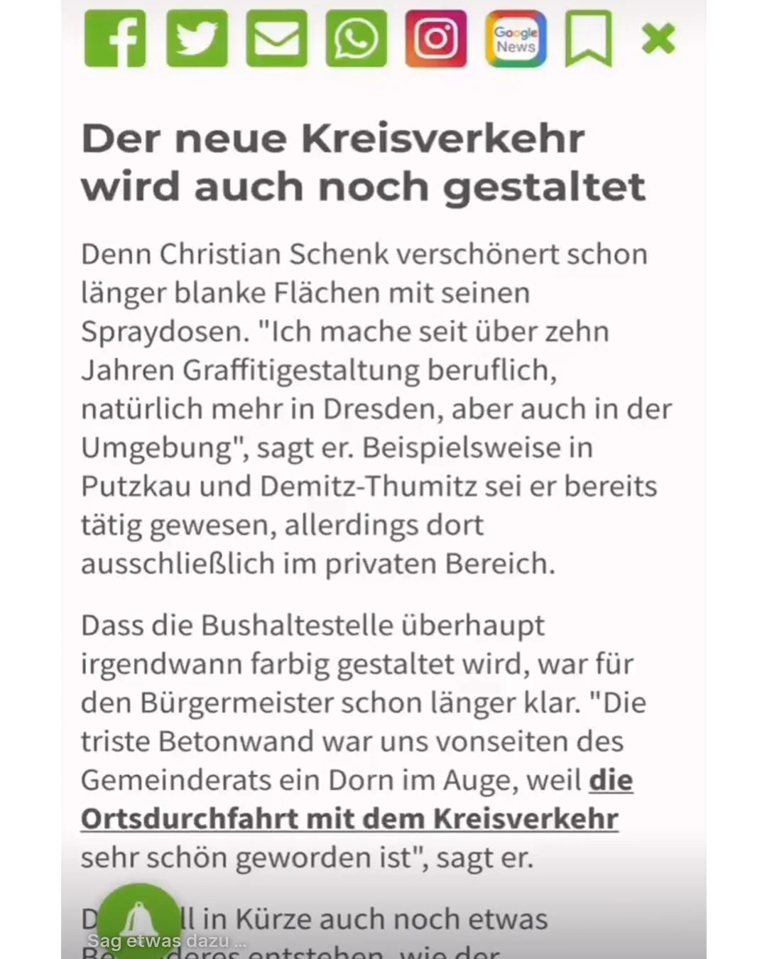 Social-Media-Icons in grünen Kästchen am oberen Bildschirmrand, darunter ein deutscher Artikel über den neuen Kreisverkehr, da Christian Schenk bereits seit über zehn Jahren Graffiti gestaltet, hauptsächlich in Dresden, aber auch in der Umgebung, unt