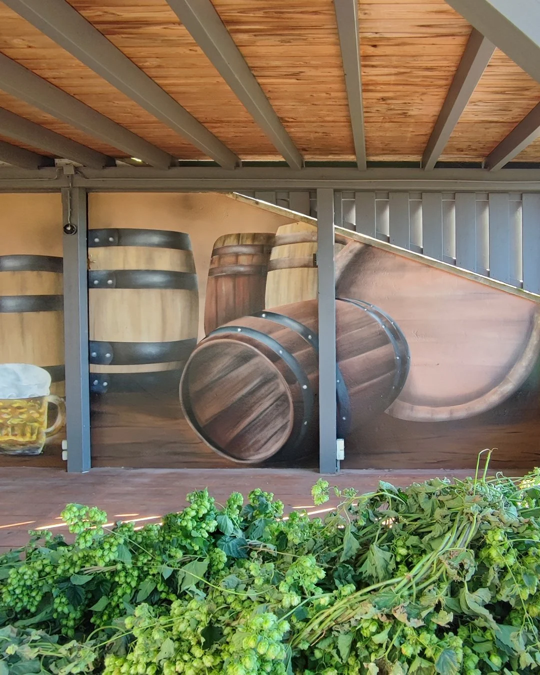 Ein Wandbild zeigt Fässer und Holzfässer aus Holz mit Metallreifen, vermutlich im Zusammenhang mit Bier oder Wein. Im Vordergrund sind grüne hopfensorten zu sehen.