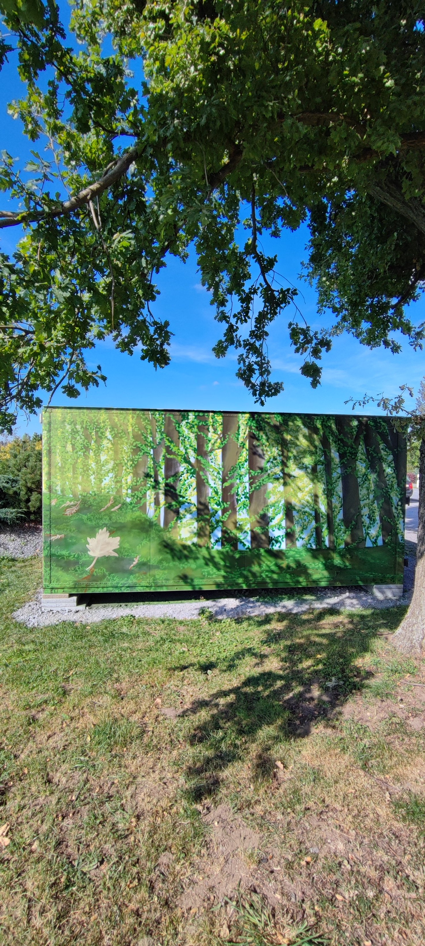 Ein grünes Kunstwerk, das eine Waldszene mit Bäumen und Blättern darstellt, ist auf einer Metallbox im Freien angebracht, unter einem Baum mit grünen Blättern, im Hintergrund blauer Himmel.