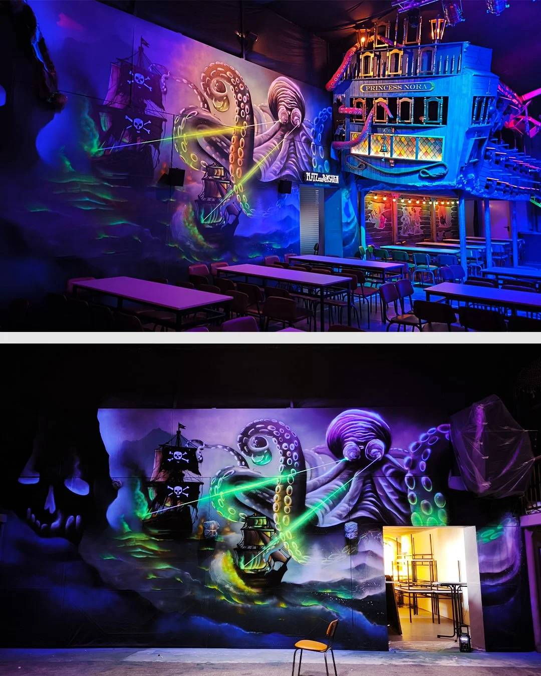 Faszinierende Meerjungfrau-Malerei an der Wand mit Piratenschiff und leuchtenden Tintenfisch auf einer dunklen, farbenfrohen Kulisse, die eine Unterwasserwelt darstellt.