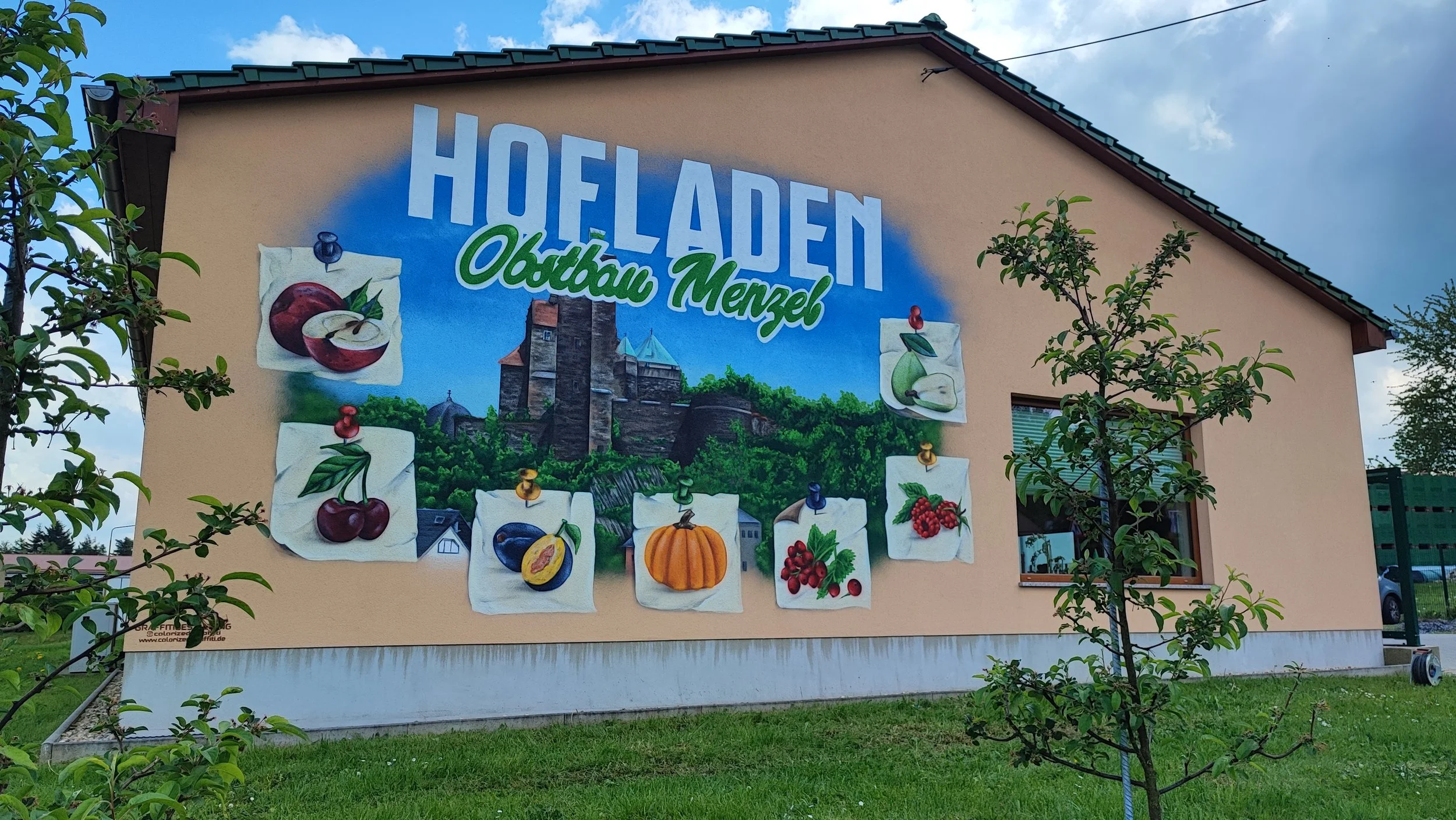 Eine Wand mit einem Wandbild, das den Text 'HOFELDEN Obstan Menzel' zeigt, umgeben von Illustrationen verschiedener Früchte wie Kirschen, Aprikosen, Pflaumen, Kürbis, Johannisbeeren, Brombeeren, Birnen, Äpfel, Quitten und Heidelbeeren, vor einer Land
