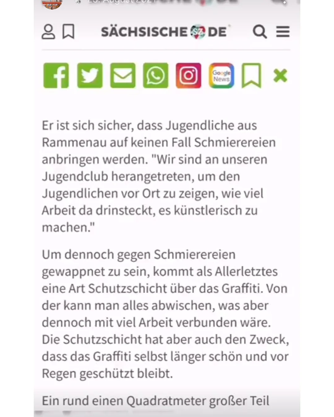 Screenshot eines Artikels von sächsische.de mit Text über Jugendspritzen und Graffiti-Schutzschichten, sowie Symbolen für soziale Medien oberhalb des Textes.